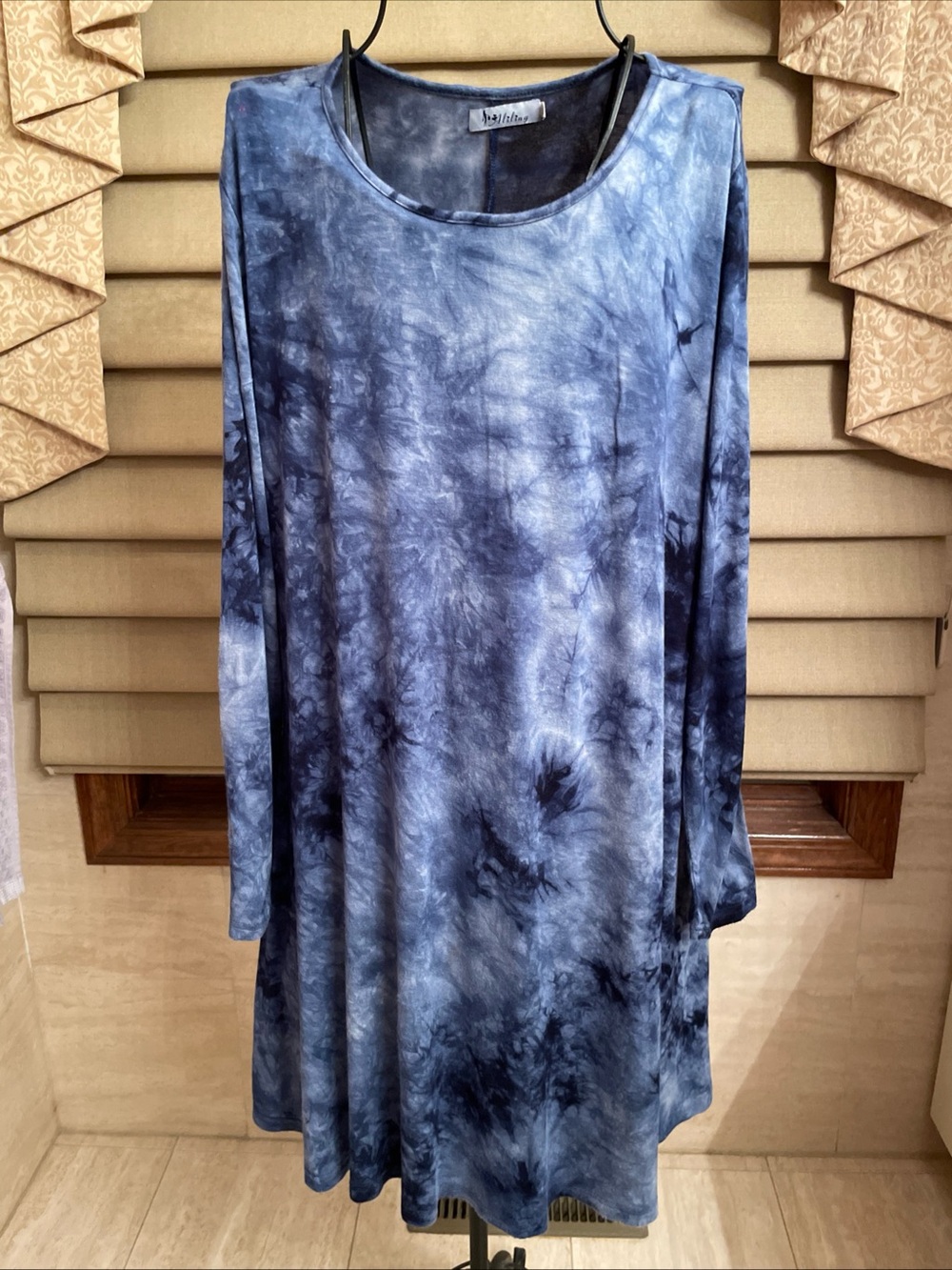 Aliling Women's Blue Tie Dye Long Sleeve Stretch Dress Size XXL With Pockets
